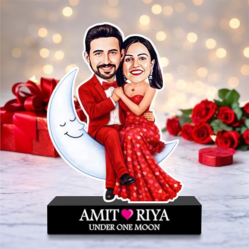 Image of ZOCI VOCI Personalized Couple Gift from Photo, Custom Name Acrylic Couple Caricature, Romantic Gift for Couples (Under One Moon, Without Light)
