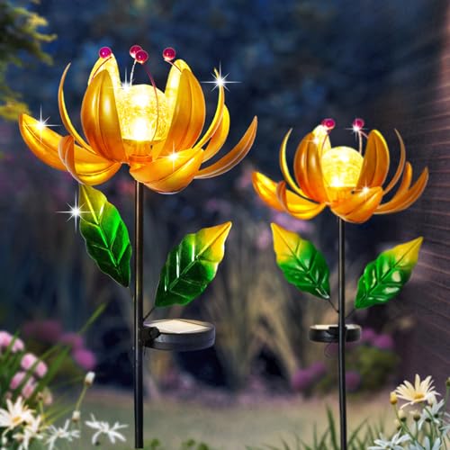 Image of Solar Lights Wind Spinners for Yard and Garden - Metal Lotus Flower Windmills LED Crackle Glass Globe Outdoor Garden Decor Yard Art Lawn Ornament