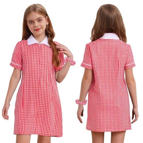 Little Girls Turn Down Collar Plaid Shirtdress Pleated Hem Swing Ruffle Dresses with Elastic Hairband