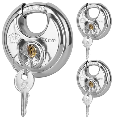DuoTyga Discus Keyed Alike Padlock, 2-3/4 Inch Wide, Heavy Duty Stainless Steel Outdoor Disc Lock with Key for Storage Unit, Garages, Fence and Sheds, 3 Pack