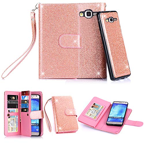 TabPow Galaxy J7 Case, 10 Card Slot - ID Slot, Wallet Folio PU Leather Case Cover with Detachable Magnetic Hard Case for Samsung Galaxy J7 J700 (2015) - Glitter Rose Gold