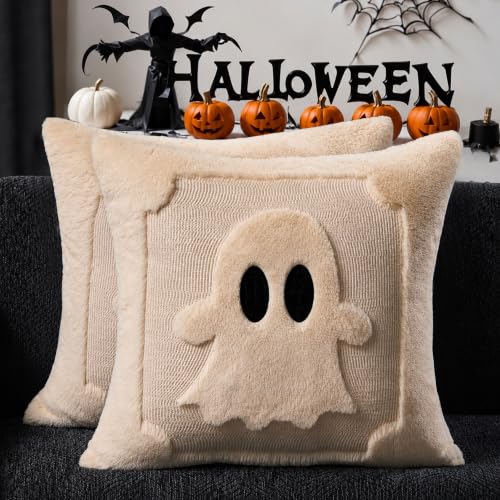 DFXSZ Halloween Pillow Covers 20x20 inch Set of 2 Black Eyes Beige Ghost Throw Pillow Cases Soft Plush Faux Fur Wool Couch Cushion Case for Chair Sofa Bedroom Living Room Home Decor PTK058B20