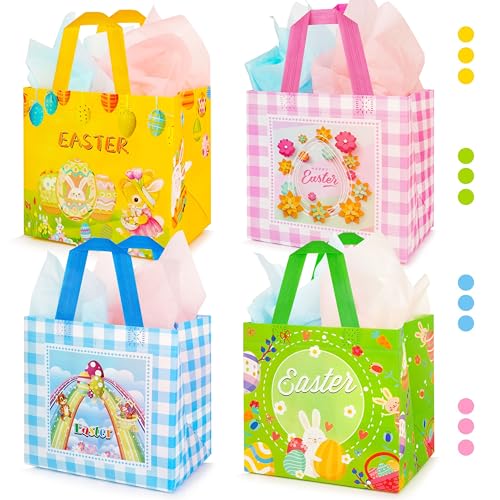ANOTION Easter Gift Bags, 12 Packs Easter Bags for Kids Easter Treat Bags with Handle, Reusable Easter Goodie Bags Non-woven Rabbit Bunny Bag with 12 Tissue Papers for Easter Party Favors