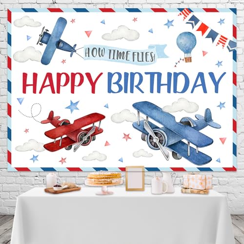 Mocsicka Airplane Birthday Backdrop Red and Blue Airplane Birthday Party Decorations How Time Flies Happy Birthday Airplane Photo Background Banner (7x5ft)