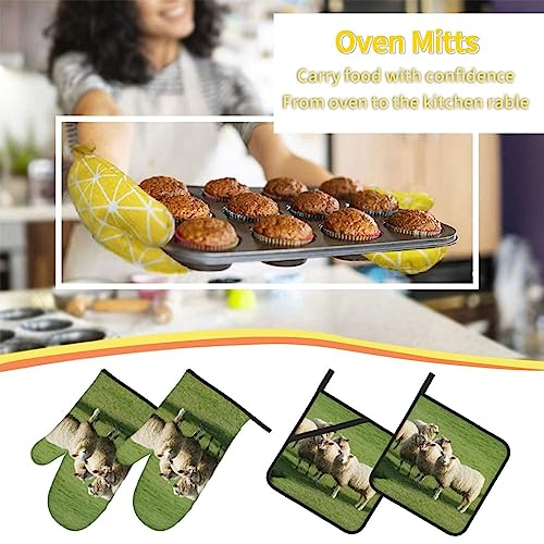Sheep And Lambs Oven Mitts And Pot Holders Set Of 4, Kitchen Cooking Bbq Heat Resistant Non-Slip Oven Gloves And Pad Sets #TOP6