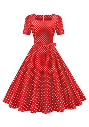 OMZIN Damen Vintage 1950er Rockabilly Audrey Hepburn Kleid Halfter Polka Dot Retro 50er 60er Cocktail Swing Kleid Rot M