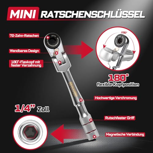 GEINXURN 50 tlg. 180° Schwenkkopf Mini Ratschenschlüssel Set, T-Griff Ratsche mit Verlängerung, Hex Nuss Adapter, 46 tlg. 25 mm S2 Stahl Magnetisch Bit Set (Phillips/Pozidriv/Torx/Hex) und Bit Halter