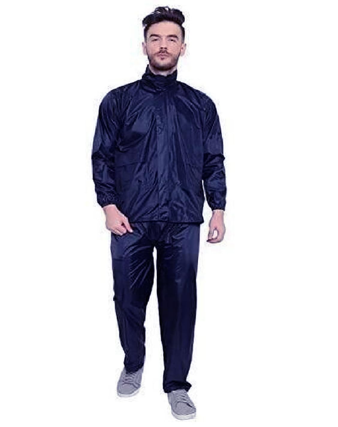 Men's Raincoat Rainwear Set, Coat with Pant Waterproof with Adjustable Hood Rain Suit-Black & Navy Blue