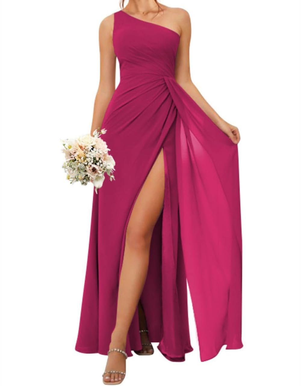 HPPEE Long Fuchsia Bridesmaid Dresses for Women with Slit Corset Chiffon One Shoulder Formal Dress Evening Gown UK12
