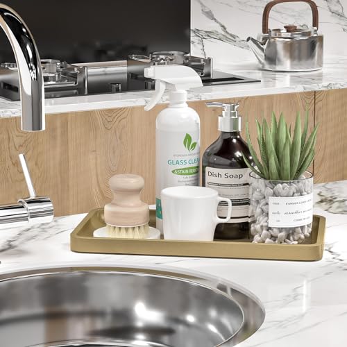 Image of Weenson Gold Bathroom Vanity Tray for Countertop Perfume Makeup Jewelry Decor Candle, Bamboo Kitchen Tray for Soap Dispenser Spice Coffee, Toilet Tank Tray 11.81 inchL x 6.1 inchW x 0.79 inchH