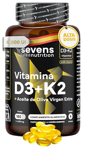 Vitamina D3 y K2 4000 UI + 200 µg de Vitamina K2 MK7 con Aceite de Oliva Virgen Extra – Alta Biodisponibilidad de MK 7 - Suplemento Vit D para la Salud Inmunológica, Huesos y Músculos - Sin Gluten
