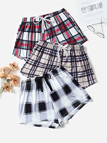 GORGLITTER Women's 3 Piece Plaid Pajama Shorts Elastic Waist Cute Pj Sleep Lounge Shorts3