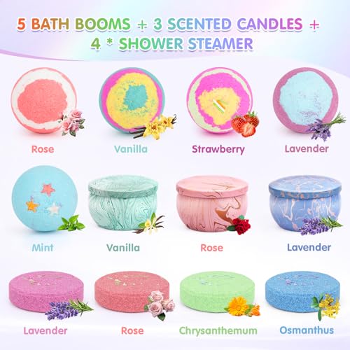 Bath Bombs for Women Gift Set - Bath Sets for Women Gift - 5 Large Bath Bomb Set with 4 Shower Steamers & 3 Candles - Birthday/Thanksgiving/Mother's Day Gifts - Image 4