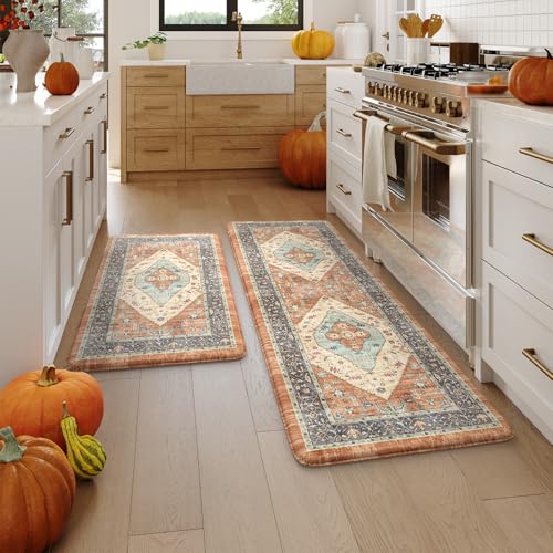 Listado de Piso naranja los 10 mejores. 41 KIMODE - Juego de 2 alfombrillas de cocina antifatiga para piso, color naranja bohemio, alfombras de cocina acolchadas, alfombras de cocina de otoño, antideslizantes para...