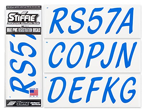 Image of STIFFIE Whipline Solid Blue /White 3 inch Alpha-Numeric Registration Identification Numbers Stickers Decals for Boats & Personal Watercraft