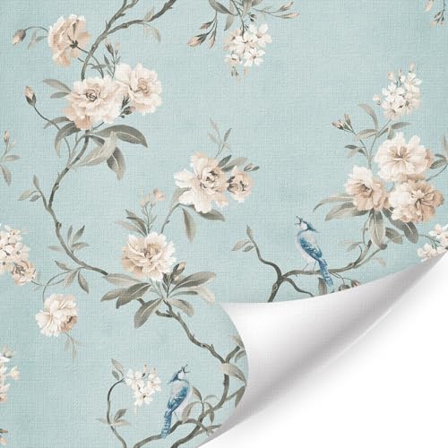 ANHUIB Flower Wallpaper Self Adhesive Floral Birds Wallpapers(44x300cm) Vintage Floral Contact Paper Hydrangea Hummingbirds Flower Wall Decal Retro Wall Mural Wallpaper for Living Room Bedroom Decor