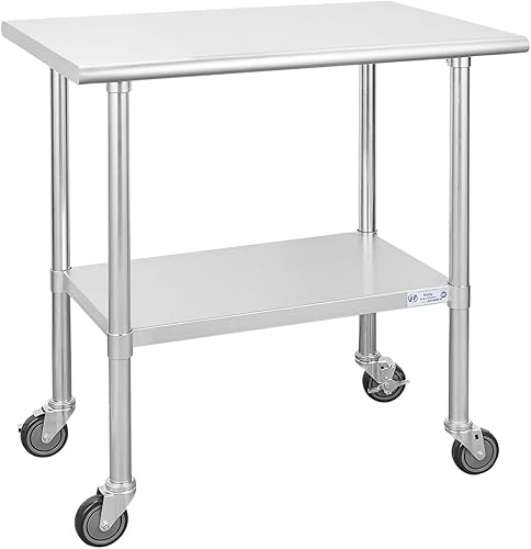 Hally - Mesa de acero inoxidable para preparación y trabajo, 24 x 36 pulgadas, con ruedas giratorias, mesa comercial resistente NSF con estante