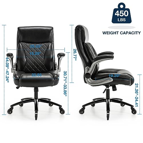 Ergonomic Big and Tall Office Chair with 3D Lumbar Support for Back Pain Executive Desk Chair Flip-up Armrests, High Back, Thick Padded Strong Metal Base Quiet Wheels Home Office Desk Chairs
