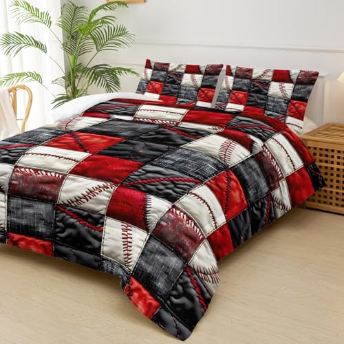 Image of Red and Black Plaid Comforter Set Queen,Baseball Bedding Set Queen Red and Black,Sport Quilt for Boys,with 1 Comforter with 2 Pillow Case