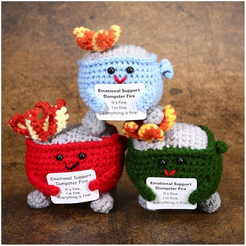 Image of RovyFota Emotional Support Crochet Dumpster Fire with Positive Card Cute Room Decor Knitted Toys Funny Crochet Support Buddies Gifts for Friends (Green&Blue&Red)