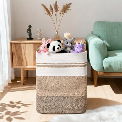 Image of Laundry Hamper, 75L Tall Laundry Basket with Leather Handles, Rectangle Large Clothes Hamper for Organizing, Cotton Woven Laundry Baskets Storage Hampers for Bedroom, Nursery, Living Room