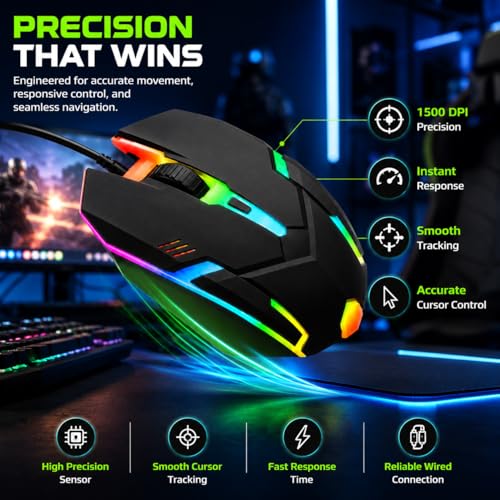 Image of PROSAC Ergonomic RGB Wired Mouse | 3-Button Optical Gaming Mouse | USB Plug & Play for Windows PC, Laptop, Mac & Desktop