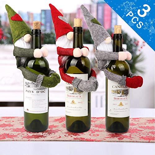 Aytai 3pcs Christmas Wine Bottle Cover, Christmas Gnomes Wine Bottle Cover Toppers Dress for Christmas Decorations