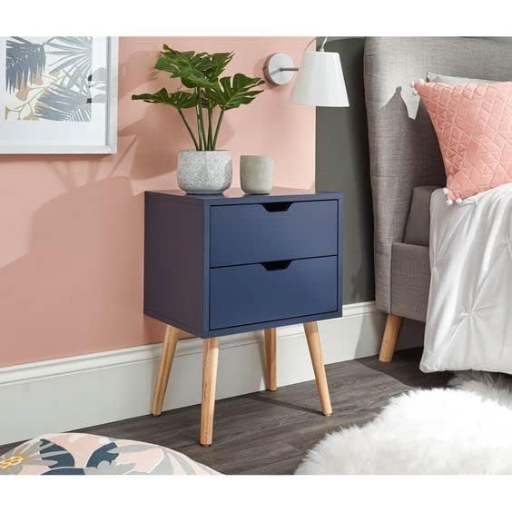 Image of VASIL MART Bedside Tables, Wooden Nightstands with Solid Wood Legs & 2 Drawers, End Tables Storage Units for Living Room /Bedroom,etc .(Nightshadow Blue)