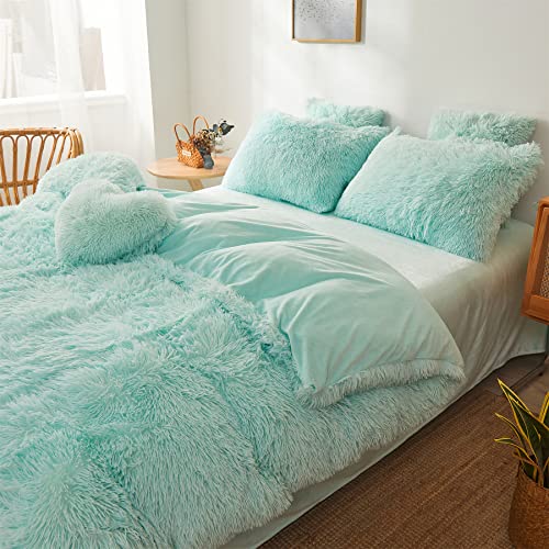 Foppa Green Comforter Cover Set - Ultra Soft Plush Bedding Sets 3 Pieces (1 Faux Fur Duvet Cover + 2 Faux Fur Pillow Case) Green Bed Set(Mint Green, Queen) #TOP3