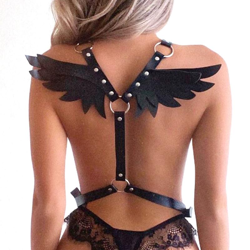 WRWMSLGOWomen's Body Chest Harness Belt with Angel Wings, Adjustable Faux Leather Body Caged Neck Waist Harness Bondage Strap for Ladies, BDSM SM Roleplay Cosplay Costume Rave Masquerade Party Fetish Clubwear