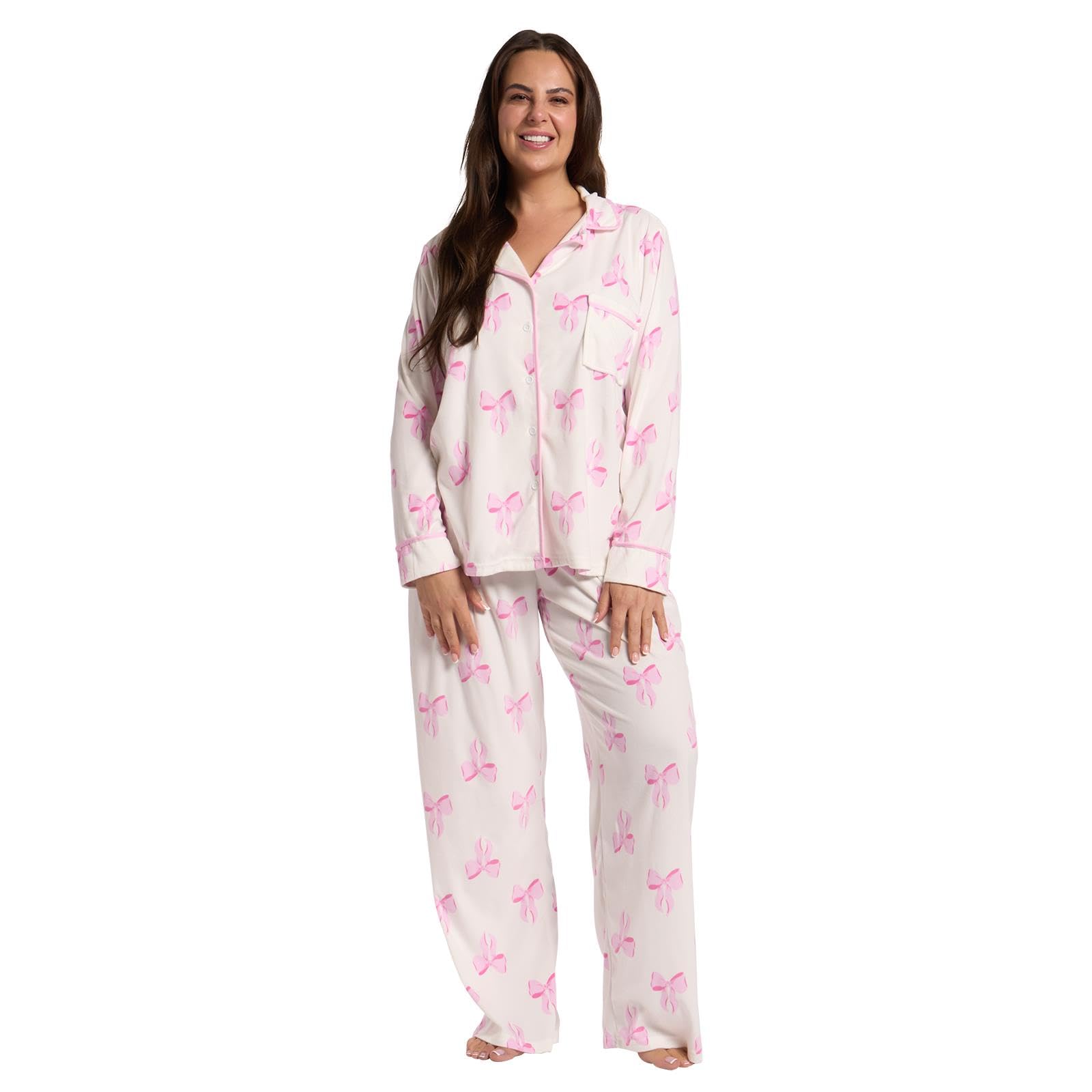 OHS Bow Print Womens Pyjamas Set for Women Long Sleeve and Full Length Button Down Womens Pyjamas Two Piece Soft Comfy Winter Sleepwear Loungewear, White/Pink - L/XL