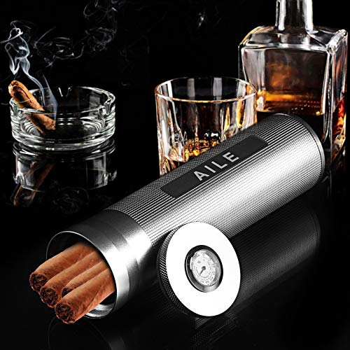 Aile Cigar Stainless Steel Humidor Silver Travel Cigar Case Tube For 3 To 4 Cigars, Portable Cigar Case, Cigar Hygrometer, Great Gift For Lover #TOP6