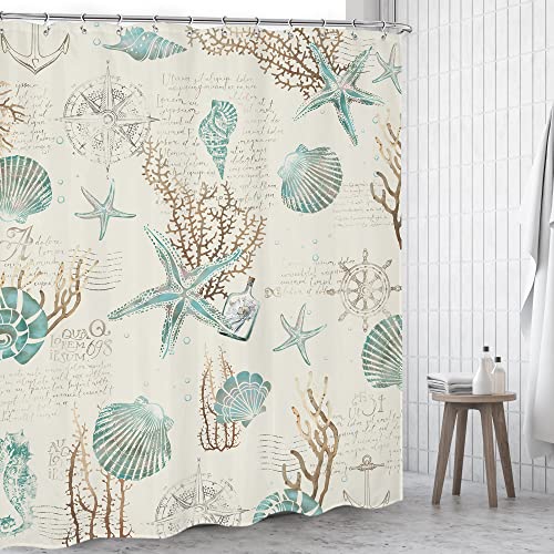 Omifly Starfish And Seashells Shower Curtain 60Wx72H Inch Coral Nautical Bathroom Set Coastal Vintage Beige Ivory Retro Anchor Sea Horse Ocean Beach With 12 Hooks Fabric Waterproof Accessories Decor #TOP1