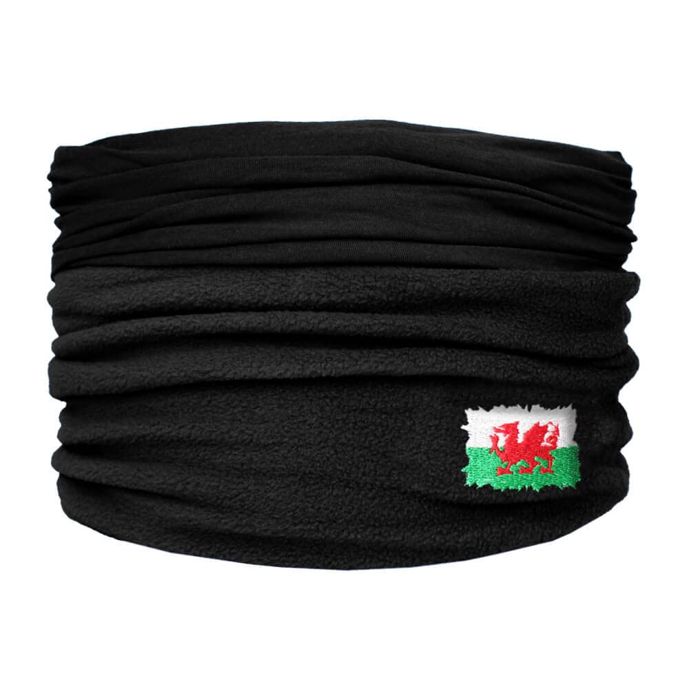 Teddyt's Men's Black Welsh Flag Super Soft Fine Knit Multi-Wear Fleece Wales Snood Scarf (Black)