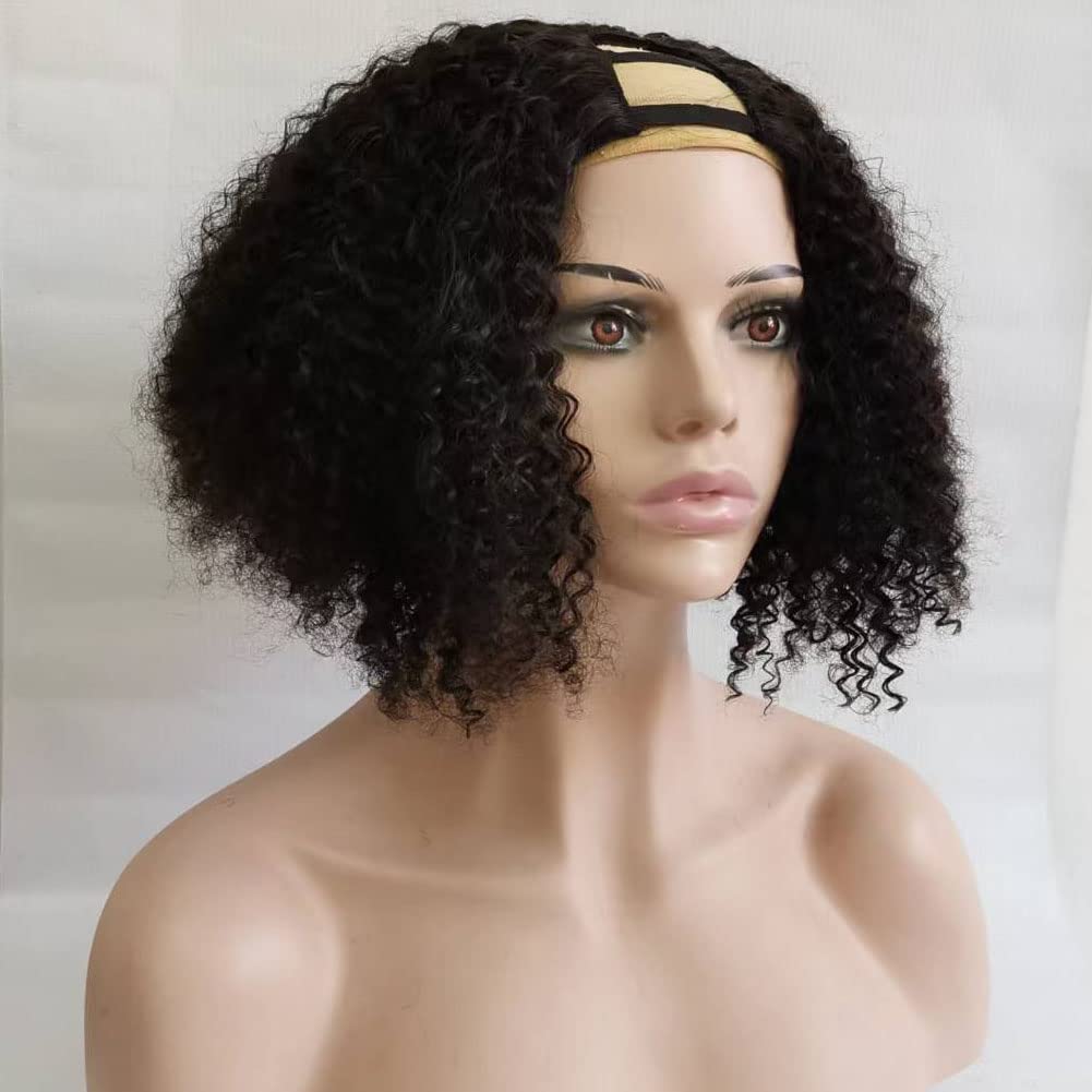 Wig Kinky Curly U v Part For Black Women Short Curly Human Hair Bob Cut With Clips Straps Glueless U Shape 180% Density 12in, 6.0 Count
