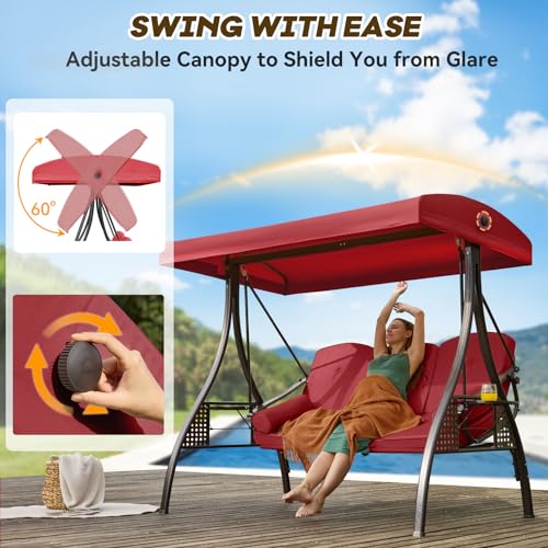 Image of 3 in 1 Outdoor Porch Swing with Adjustable Canopy, 3 Seat Outdoor Swing for Adults, Patio Swing Chair with Thickened Cushions,Pillows & Cup Holders for Backyard, Porch, Garden (Wine Red)