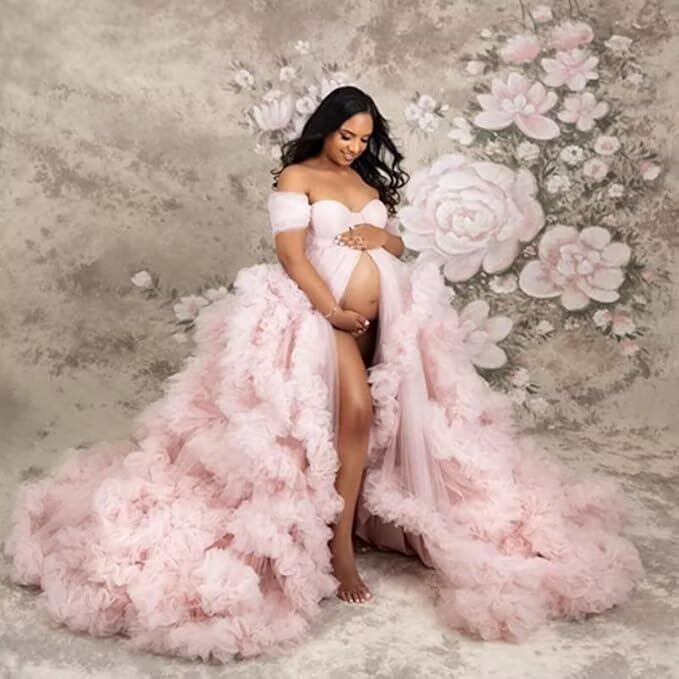 Maternity Dresses for Photoshoot Puffy Tulle Bridal Lingerie Bathgown Off Shoulder Pregnancy Robes Baby Shower Dress - Image 4
