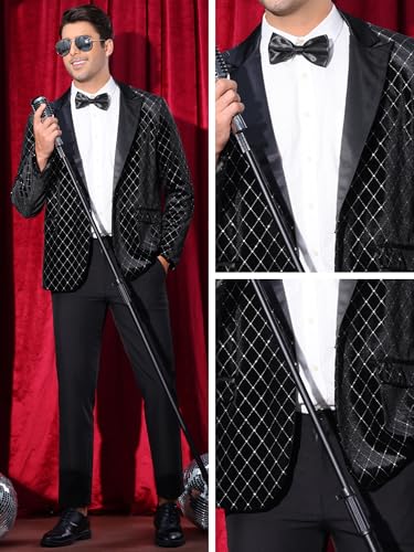 Lars Amadeus Velvet Blazers for Men's Velour Tuxedo Peak Lapel Argyle Plaid Sparkly Shiny Suit Jacket4
