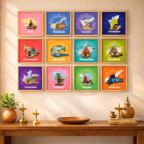 Image of 12 Jyotirlinga Wall Art Painting For Living Room | Lord Shiva Sacred Temples Framed Wall Art Paintings | Spiritual Home Decor Frames for Pooja Room, Office | Religious Gift Set (Set of 12), 9x9 Inch