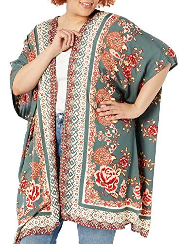 Angie Women's Plus Size Printed Kimono Duster Long Cardigan, Olive, 3X #TOP2