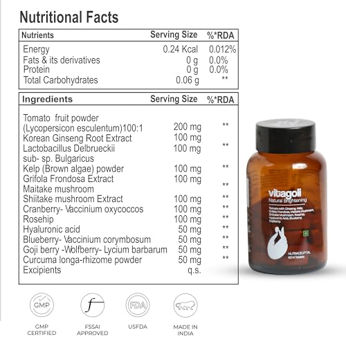 Image of Vitagoli Natural Skin Brightening & Pigmentation Tablets | Collagen Support with Hyaluronic Acid, Tomato Extract & Korean Ginseng | Dark Spot Reduction, Skin Barrier Repair, Hydrates & Glow