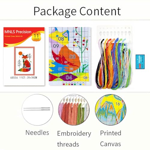 Image of Zhenqing Rainbow Fox Cross Stitch Kit - 11CT Pre-Printed 28x38cm Fabric with Threads & Needle (No Tools) (68571)