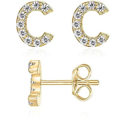 VDKIDKT Letter C Initial Stud Earrings for Girls, 14K Gold Plated Sterling Silver Alphabet Letter Earrings, Post CZ Stud Earrings, Hypoallergenic Earrings for Girl Women Teen Girl Gifts (Gold, C)
