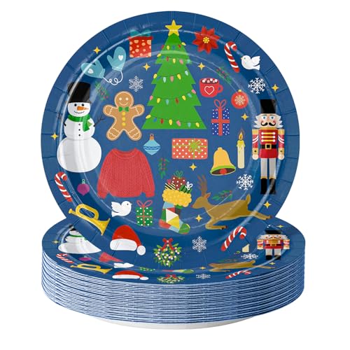 WRAPAHOLIC 25Pcs Christmas Paper Plates - 9 Inch Blue Holiday Party Disposable Plates Decorative Dinner Plates for Christmas Party Tableware Supplies Table Decor