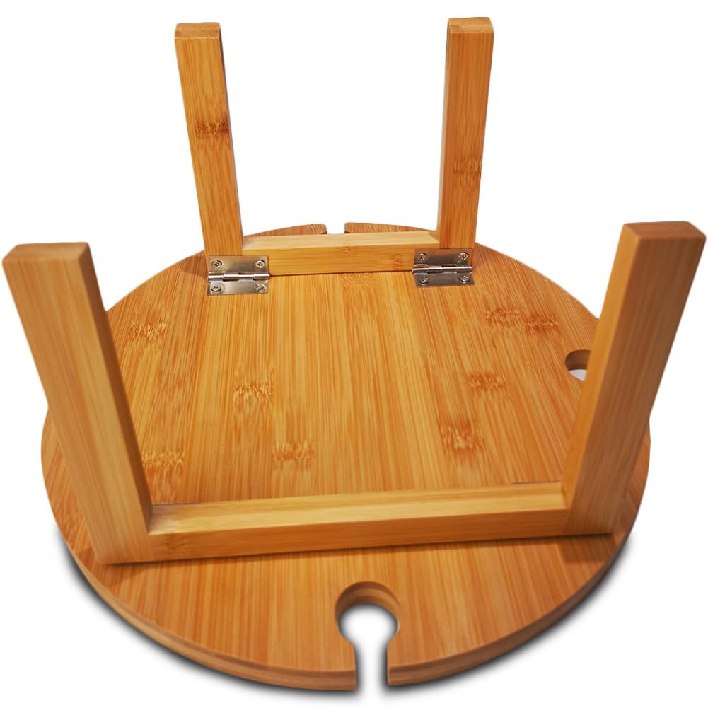 BAKAJI Tavolino da Aperitivo in Legno Bambù, Tavolo da Campeggio Portatile con Gambe Pieghevoli, Vassoio Salvaspazio con 4 Spazi Portabicchieri, Ideale per Camping, Esterno, Picnic, Giardino, Spiaggia