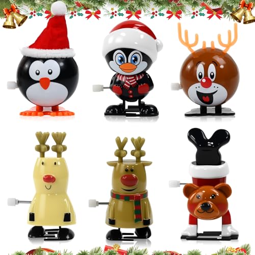 Kleemeiero 6 peças brinquedos de corda natal, sortidas figuras de corda natalícia para crianças e adultos, brinquedos para calendário de advento, brinquedo para Natal presentes pequenos para festas