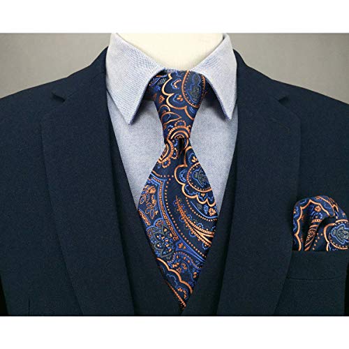 S&W SHLAX&WING Conjunto de gravata skinny Hanky ​​Gravata de seda laranja marinho com bolso quadrado
