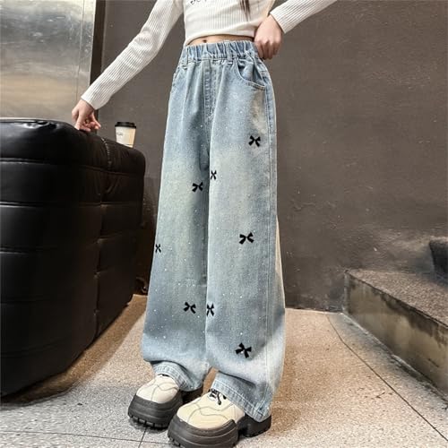 Girls Trendy Cute Bow Print Jeans Causal Fashion Straight Baggy Denim Pants High Waist Wide Leg Jean Sweatpants4