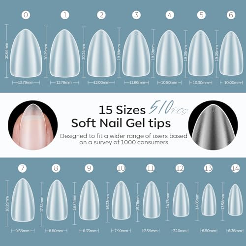 Image of modelones Short Almond Fake Nail Tips - 510Pcs Full Matte Gel Tips Pre-shaped Full Cover Clear Acrylic Gel Kit False Press on Nails for Extension DIY Salon 15Sizes