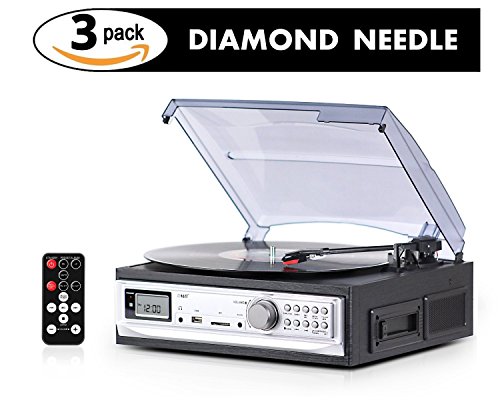 eXuby EXBTB2-3N Cassette & Record Player with 3 Pack Diamond Tip Needle - Relive Unforgettable Memories - Easily Record Music from Vinyl/Cassette to MP3 via USB/SD Card - Plug & Play with Built in Speakers